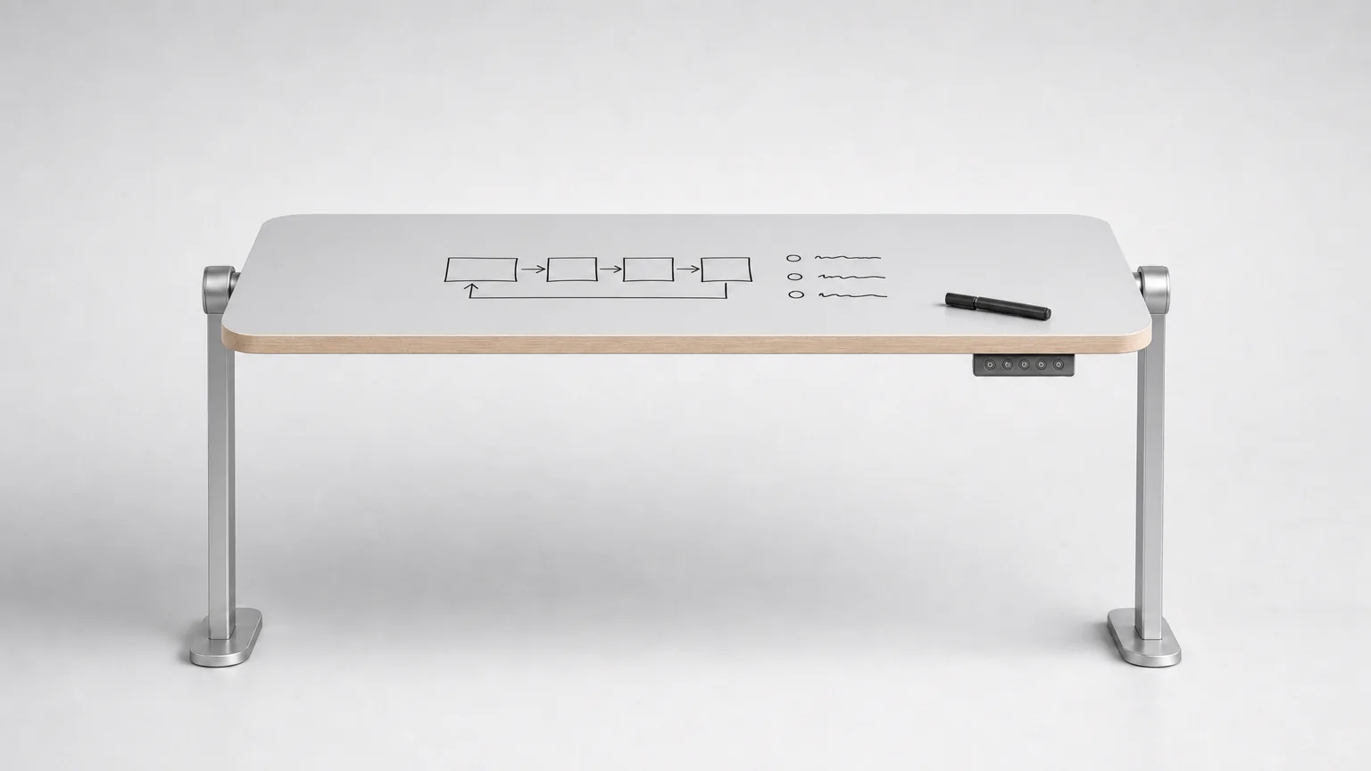 The same Versoflip One desk turned over on its pivot hubs to the matte light-grey dry-erase face, with a flow diagram and a short list drawn in marker, a marker lying on the surface, and the ash edge of the other face visible along the front