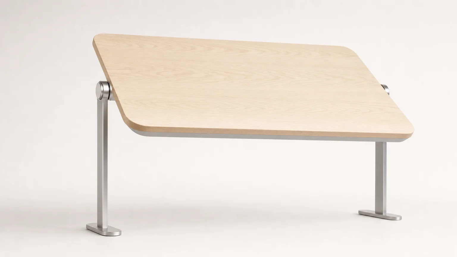 The Versoflip One desktop paused part-way through its turn, tilted about the pivot hubs at each end so both the ash face and the grey underside are visible, with open air beneath it