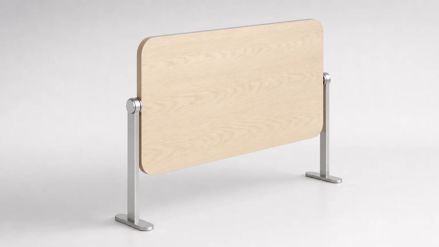 The Versoflip One desktop turned to vertical on its two end pivot hubs, standing like a page mid-turn between the silver columns, with the ash face toward the viewer